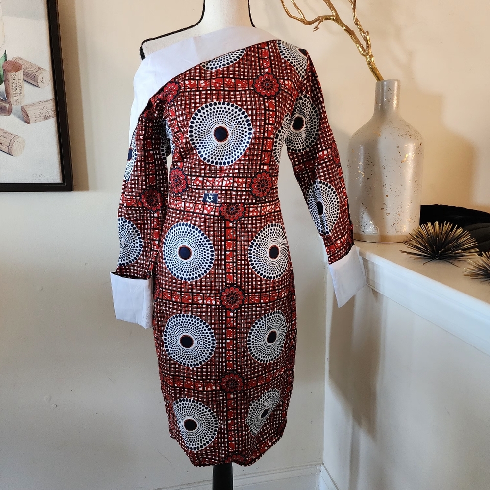 🔥Grass-Fields African Print Asymmetrical Neckline Midi Length Dress